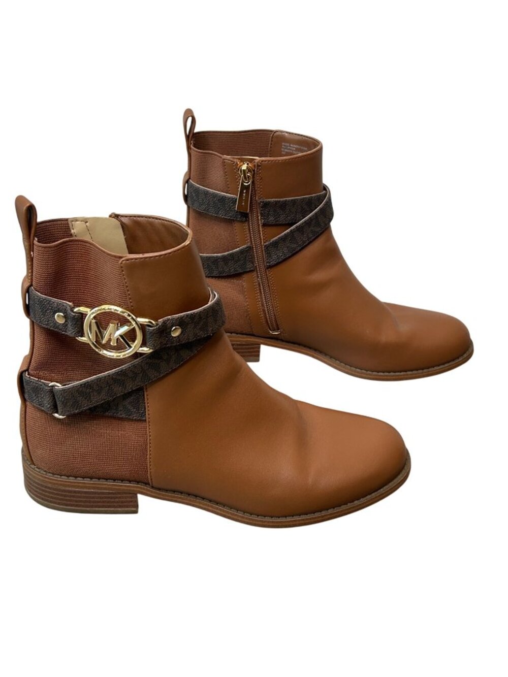 Michael Kors Brown Ankle Boots With Gold Logo Buckle Side Zipper & Faux Leather - Picture 5 of 16